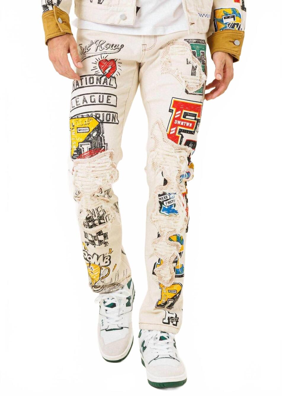 NEW FIRST ROW all-over doodling artist fitted jeans in khaki